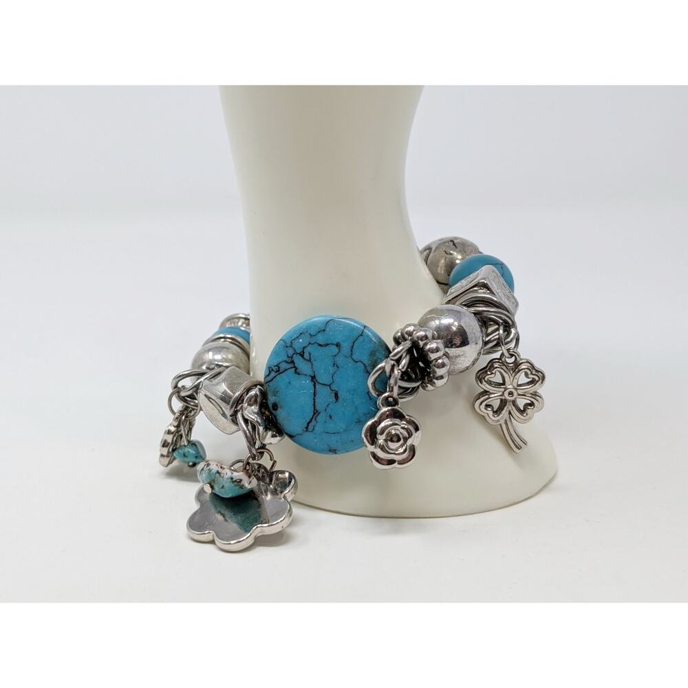 Silver Tone Aqua Bracelet Turquoise Blue Chunky Charm Bead Statement